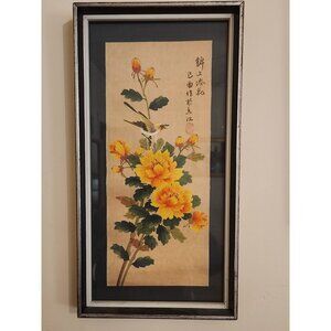 Vintage Framed Japanese, Asian, Floral Bird Print With Calligraphy On silk